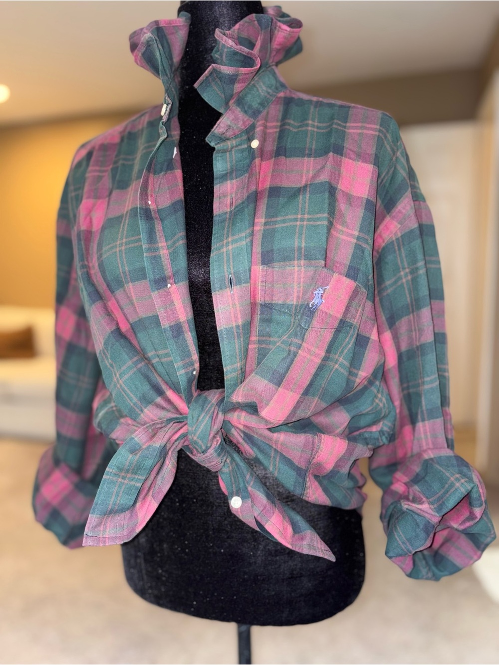 Reworked Ralph Lauren Green & Red Plaid Ruffled Collar Button-Down Shirt XXL